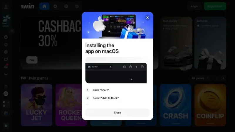 Captura histórica del diálogo de instalación de 1win en macOS Captura histórica del diálogo de instalación de 1win en macOS